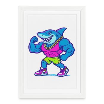 Neon Shark Muscle Hero en débardeur - Affiche encadrée (27 × 37 cm) - blanc - Devant
