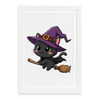 Mignon Halloween Sorcière Dessin Animé Chat Balai Octobre - Affiche encadrée (27 × 37 cm) - blanc - Devant