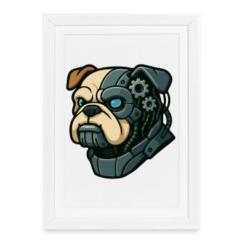 Bouledogue cyborg avec engrenages et œil lumineux - Affiche encadrée (27 × 37 cm) - blanc - Devant