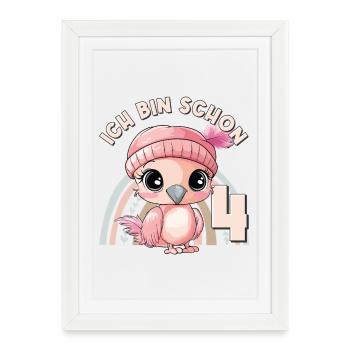 4e anniversaire Flamant rose arc-en-ciel mignon mignon - Affiche encadrée (27 × 37 cm) - blanc - Devant