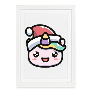 Chapeau de Père Noël face de licorne Kawaii - Affiche encadrée (27 × 37 cm) - blanc - Devant