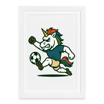 Mascotte de football licorne qui donne des coups de pied avec force - Affiche encadrée (27 × 37 cm) - blanc - Devant
