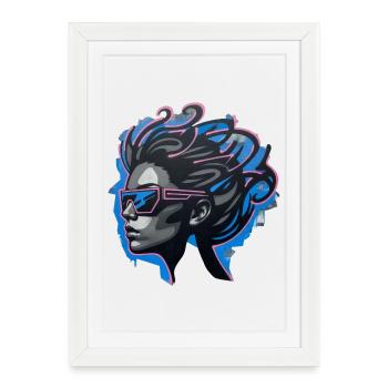 Dame cool des années 80 – Portrait néon d’art de rue - Affiche encadrée (27 × 37 cm) - blanc - Devant