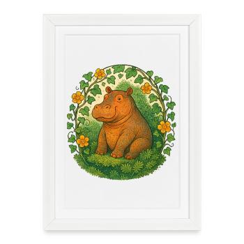 Hippopotame fantaisiste dans le cercle du lierre - Affiche encadrée (27 × 37 cm) - blanc - Devant