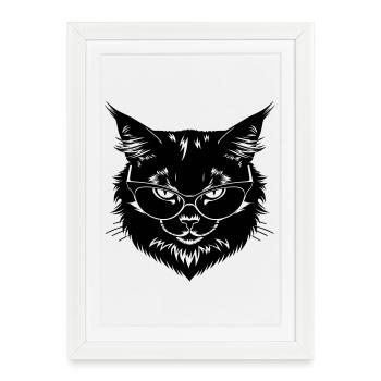 Chat noir à lunettes - Affiche encadrée (27 × 37 cm) - blanc - Devant