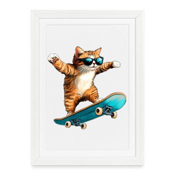 Chat patineur - Affiche encadrée (27 × 37 cm) - blanc - Devant