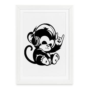 Singe de pierre avec écouteurs et signe de la main de pierre - Affiche encadrée (27 × 37 cm) - blanc - Devant