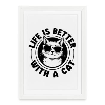 La vie est meilleure avec un chat - Chat avec des lunettes de soleil - Affiche encadrée (27 × 37 cm) - blanc - Devant