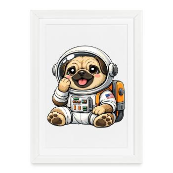 Dessin animé mignon Carlin astronaute explorateur spatial - Affiche encadrée (27 × 37 cm) - blanc - Devant