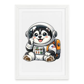 Un chien mignon Husky astronaute dans le dessin animé spatial Ent - Affiche encadrée (27 × 37 cm) - blanc - Devant