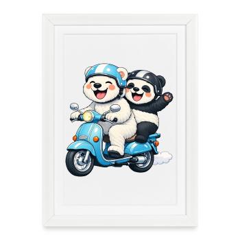 Ours polaire et panda en scooter - Affiche encadrée (27 × 37 cm) - blanc - Devant