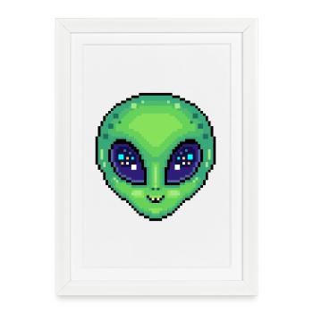 Style pixel art extraterrestre Kawaii mignon - Affiche encadrée (27 × 37 cm) - blanc - Devant