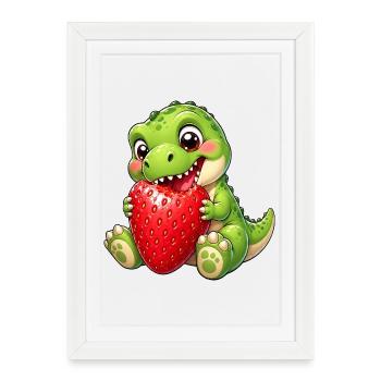 Dino T-Rex avec dessin animé d’été à la fraise - Affiche encadrée (27 × 37 cm) - blanc - Devant