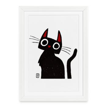 Silhouette du chat nocturne aux oreilles rouges - Affiche encadrée (27 × 37 cm) - blanc - Devant