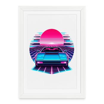 Neon Synthwave Car at Sunset - Framed poster (27 × 37 cm) - white - Front