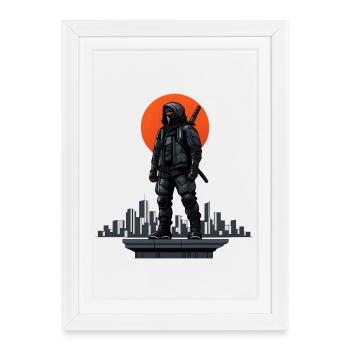 Ninja dans l’ombre devant une ligne d’horizon rouge - Affiche encadrée (27 × 37 cm) - blanc - Devant