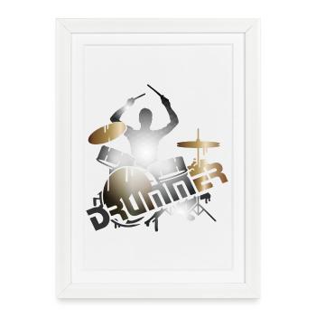 Drummer sits on drums with typography - Framed poster (27 × 37 cm) - white - Front