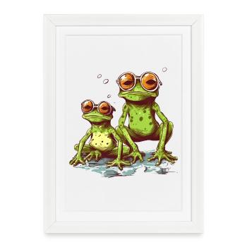 Grenouilles vertes fraîches avec des lunettes de soleil orange - Affiche encadrée (27 × 37 cm) - blanc - Devant