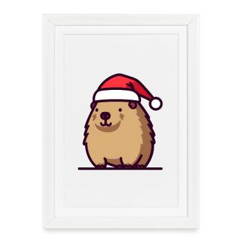 Mignon Capybara de Noël en chapeau de Père Noël - Affiche encadrée (27 × 37 cm) - blanc - Devant