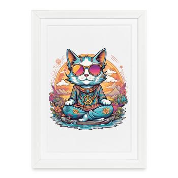 Chat hippie en voyage, humour peace and love - Affiche encadrée (27 × 37 cm) - blanc - Devant