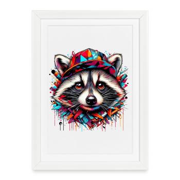 Raccoon with hat cap rap hat - Framed poster (27 × 37 cm) - white - Front
