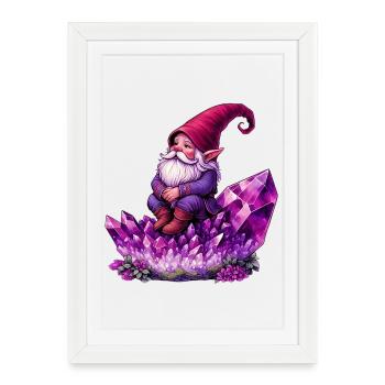 Gnome assis sur un cristal d’améthyste - Affiche encadrée (27 × 37 cm) - blanc - Devant