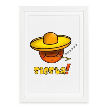 Siesta - Émoticône amusante avec chapeau sombrero - Affiche encadrée (27 × 37 cm) - blanc - Devant