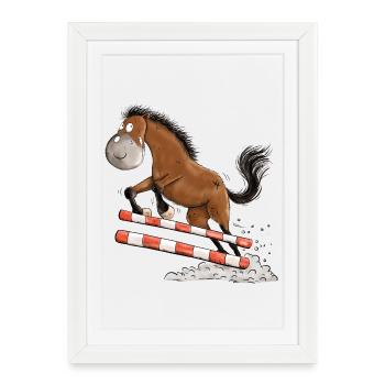 Cheval de tournoi de saut d’obstacles drôle - Affiche encadrée (27 × 37 cm) - blanc - Devant