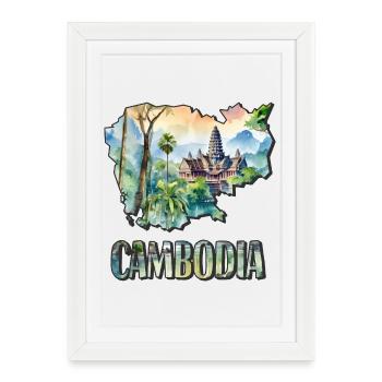 Carte à l’aquarelle Cambodge - Affiche encadrée (27 × 37 cm) - blanc - Devant