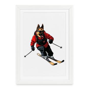 Skier Shepherd Dog - Framed poster (27 × 37 cm) - white - Front