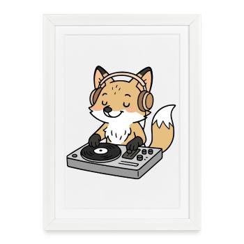 Un renard en DJ avec des écouteurs à la table de mixage - Affiche encadrée (27 × 37 cm) - blanc - Devant