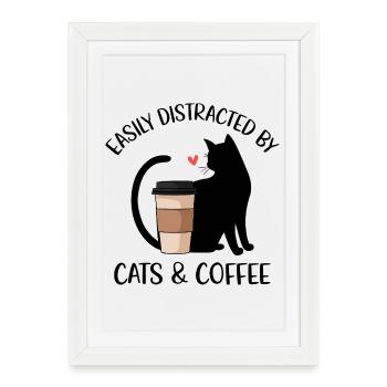 Facilement distrait par les chats et le café - Affiche encadrée (27 × 37 cm) - blanc - Devant