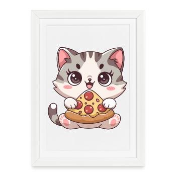 Chat mignon mangeant une pizza - Affiche encadrée (27 × 37 cm) - blanc - Devant