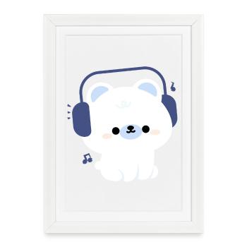 Ours Kawaii avec écouteurs - Affiche encadrée (27 × 37 cm) - blanc - Devant