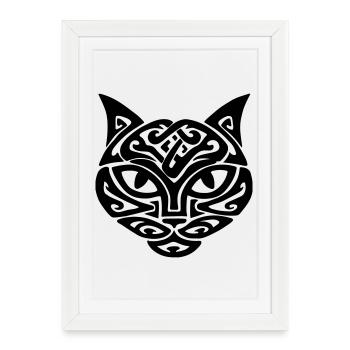 Chat Mâle Tête Tribale - Affiche encadrée (27 × 37 cm) - blanc - Devant