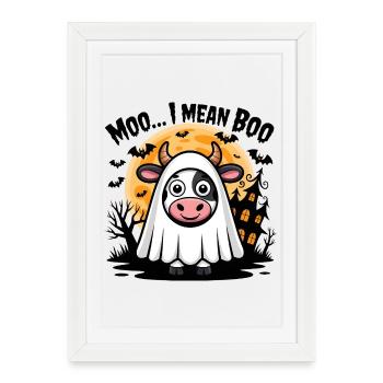 Cow in ghost costume "Moo... I mean Boo" - Framed poster (27 × 37 cm) - white - Front