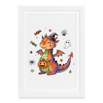 Dragon d’Halloween amical avec citrouille - Affiche encadrée (27 × 37 cm) - blanc - Devant