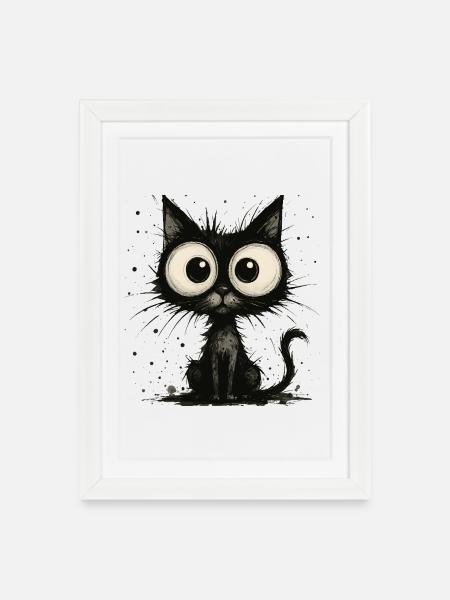 Funny black cat with big eyes – splash - Framed poster (27 × 37 cm) - white