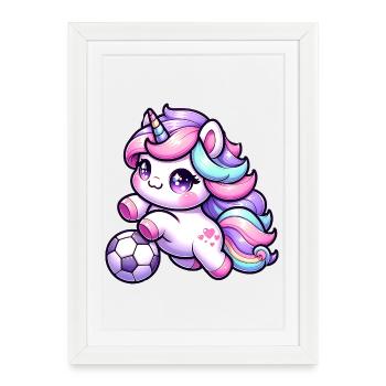 Kawaii Licorne Football Coup de pied arc-en-ciel - Affiche encadrée (27 × 37 cm) - blanc - Devant