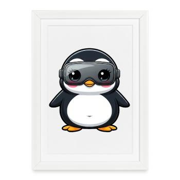 Drôle pingouin VR Gamer Gamer Nerd Dessin animé - Affiche encadrée (27 × 37 cm) - blanc - Devant