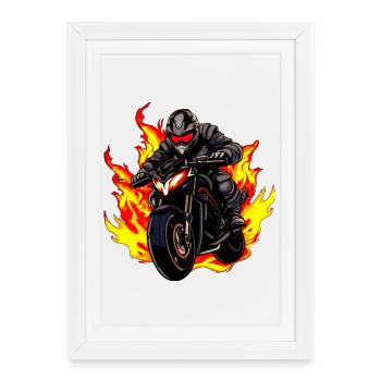 Motard aux flammes - Affiche encadrée (27 × 37 cm) - blanc - Devant