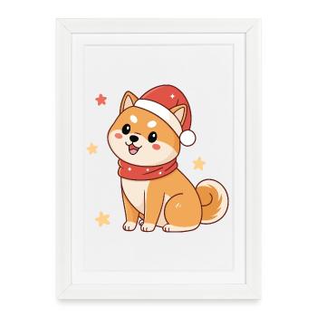 Shiba Noël kawaii avec chapeau rouge - Affiche encadrée (27 × 37 cm) - blanc - Devant