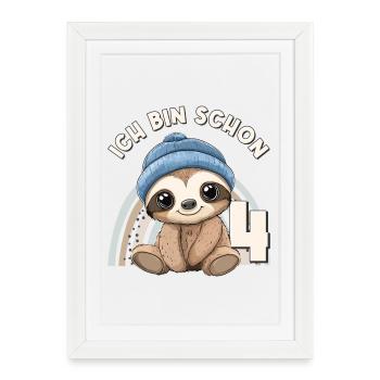 4e anniversaire paresseux arc-en-ciel mignon - Affiche encadrée (27 × 37 cm) - blanc - Devant