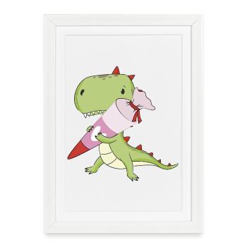 DINO avec cône rose d’école, école - Affiche encadrée (27 × 37 cm) - blanc - Devant