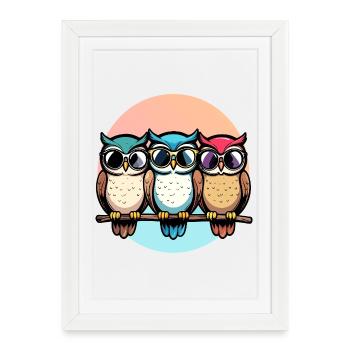 Trois chouettes cool avec lunettes de soleil Motif de hibou coloré - Affiche encadrée (27 × 37 cm) - blanc - Devant