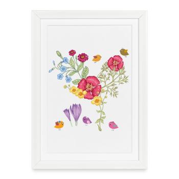 Bouquet de fleurs avec des oiseaux - Affiche encadrée (27 × 37 cm) - blanc - Devant