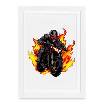 Motard aux flammes - Affiche encadrée (27 × 37 cm) - blanc - Devant