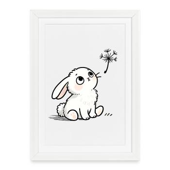 Lapin blanc regard rêveur et pissenlit - Affiche encadrée (27 × 37 cm) - blanc - Devant