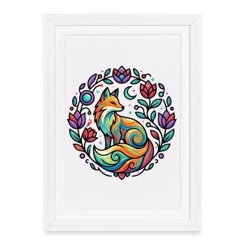 Renard, Rose de Lune élégante, Vignes, Étoiles, Mandala - Affiche encadrée (27 × 37 cm) - blanc - Devant