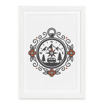 Vintage Vanlife Compass Camping - Framed poster (27 × 37 cm) - white - Front